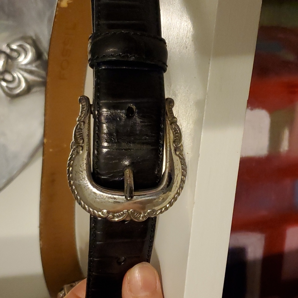 Fossil black leather belt with silver hardware